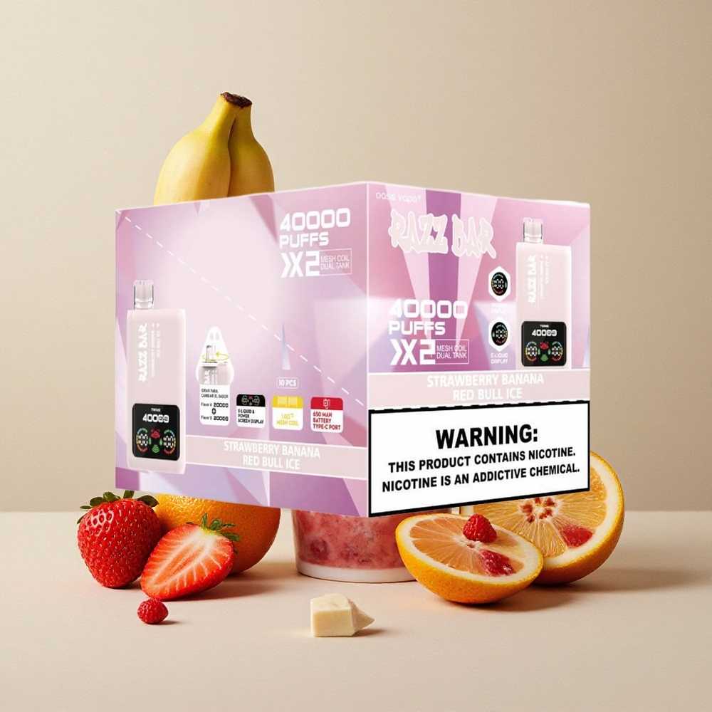 Razz Bar 40000 Puffs Dispositivo di Vapo Monouso Fragola Banana_Red Bull Ghiaccio con Schermo di Potenza e Batteria da 650 Mah