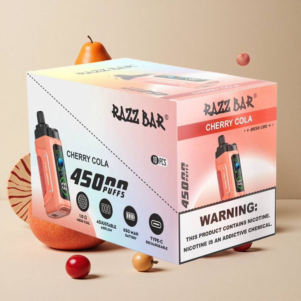 Razz Bar 45000 Puffs Sigaretta elettronica usa e getta Ciliegia Cola con Bobina Mesh 1.0 Ohm e Flusso d\'Aria Regolabile