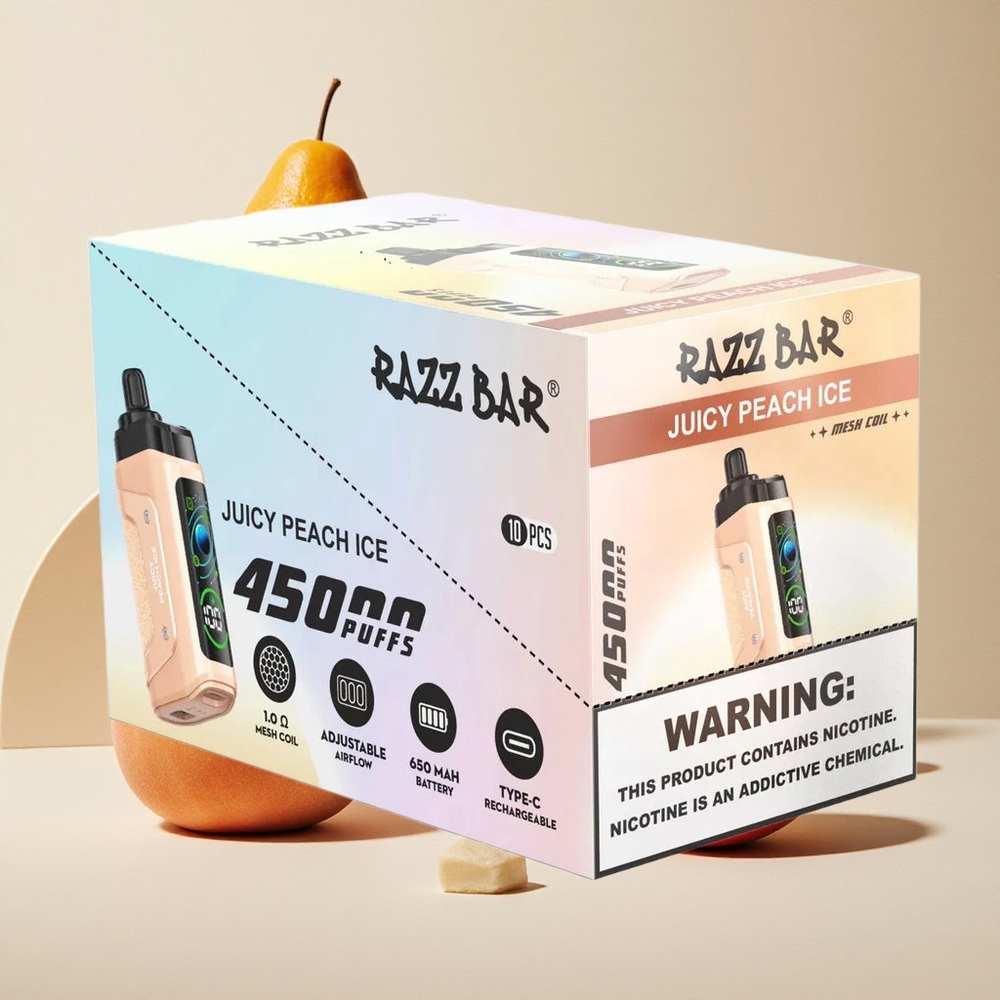 Razz Bar 45000 Puffs Sigaretta elettronica usa e getta Pesca Succosa Ghiaccio con Bobina Mesh 1.0 Ohm e Ricarica Type-C