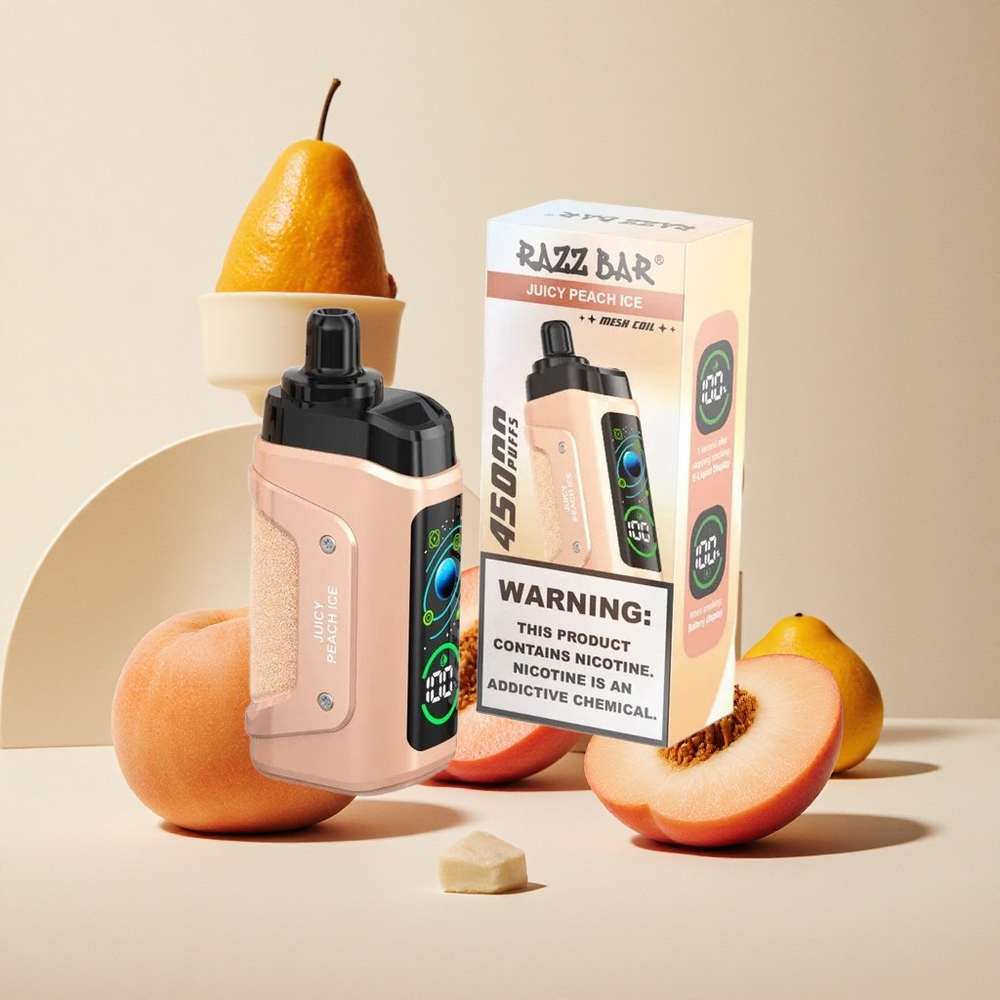 Razz Bar 45000 Puffs Sigaretta elettronica usa e getta Pesca Succosa Ghiaccio con Bobina Mesh 1.0 Ohm e Ricarica Type-C
