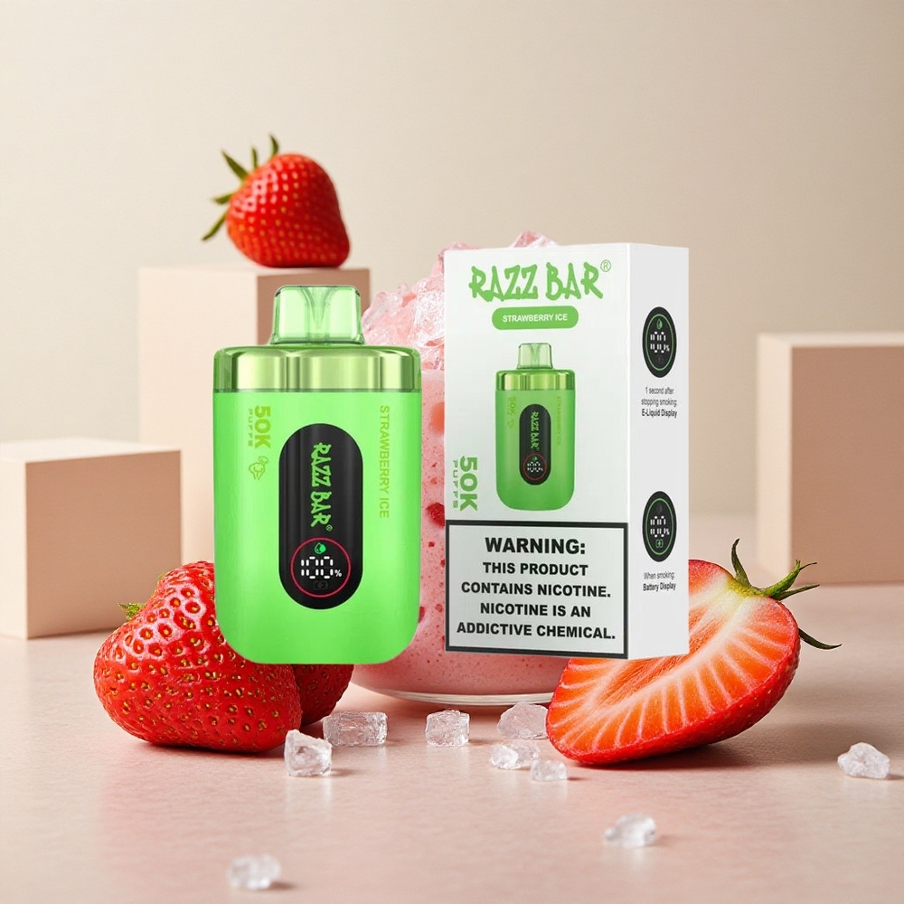 Razz Bar 50K Puffs Dispositivo Vapo USA E GETTA Fragola Ghiaccio con Bobina Mesh 1.0 Ohm e Batteria 650 Mah Ricaricabile Type-C