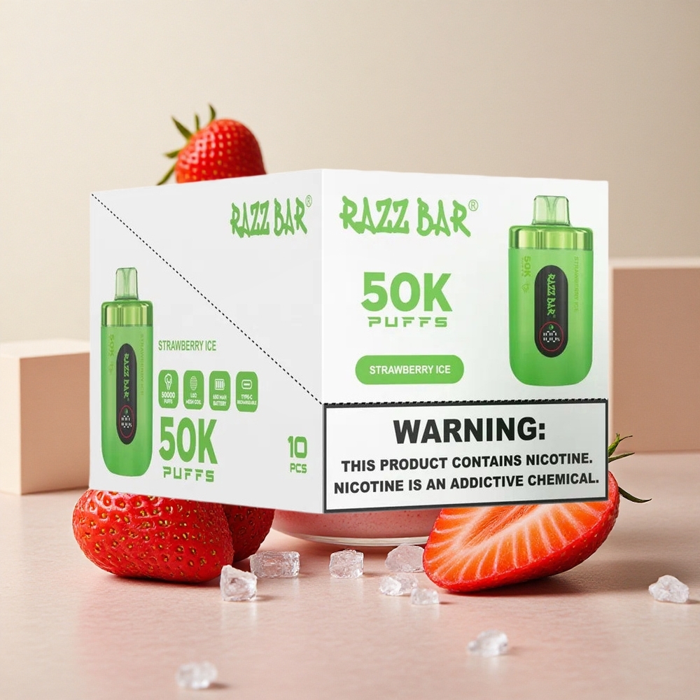 Razz Bar 50K Puffs Dispositivo Vapo USA E GETTA Fragola Ghiaccio con Bobina Mesh 1.0 Ohm e Batteria 650 Mah Ricaricabile Type-C